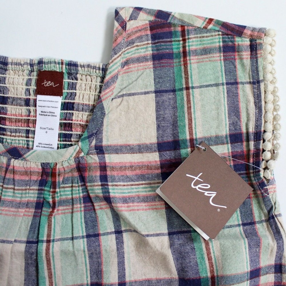 Tea Collection Sleeveless Plaid Smocked Back Linen Blend Blouse Size 6 - Picture 3 of 3